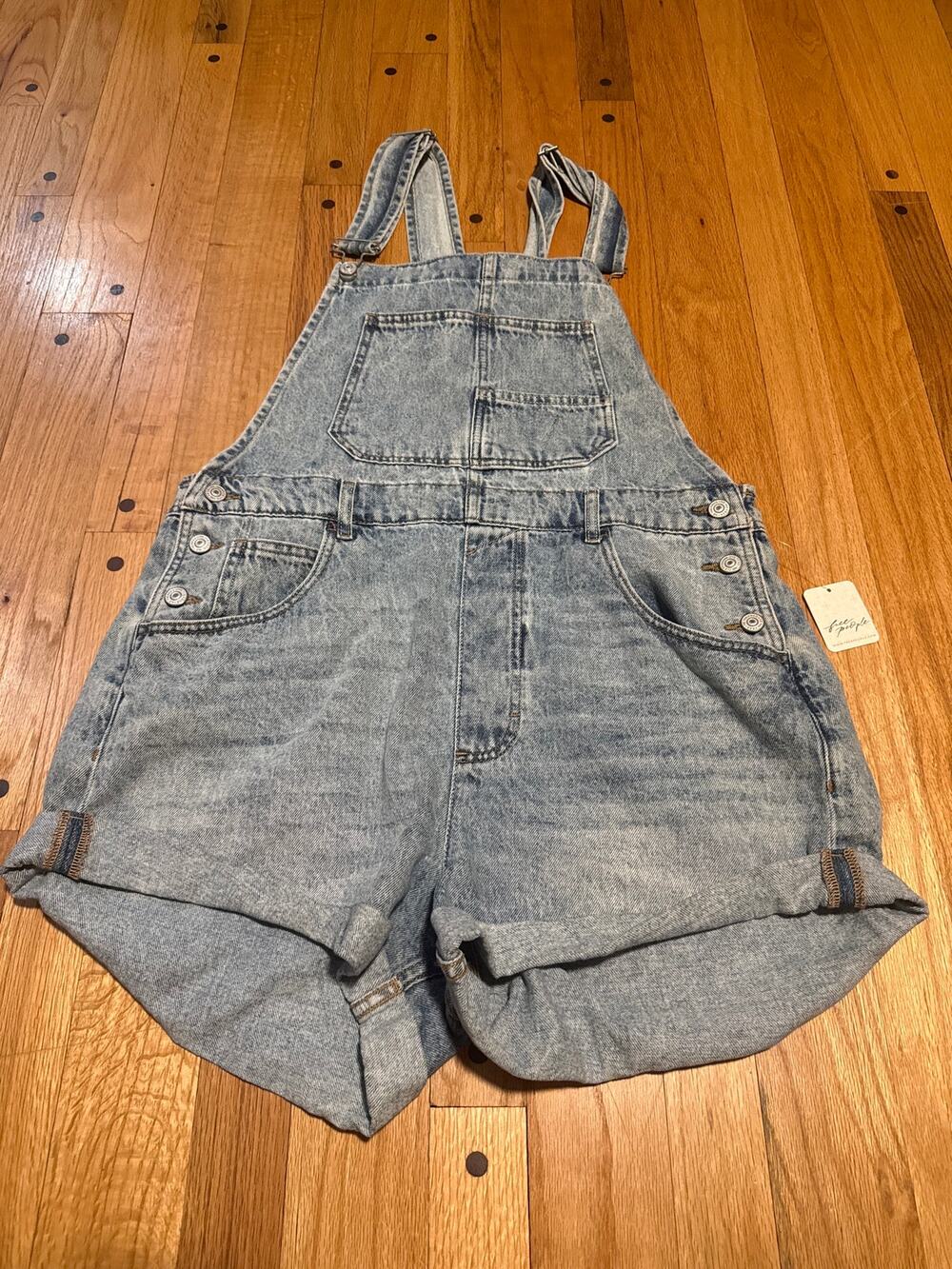 NEW Free People Ziggy Shortall XL Denim Overall Shorts Light Wash NWT